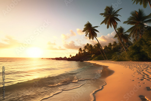 Summer sunset on a tropical sandy beach with palms. High quality photo Generative AI