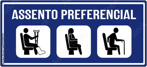 A sign in blue color that says in Portuguese language : priority seat .  Preferential seat
 photo