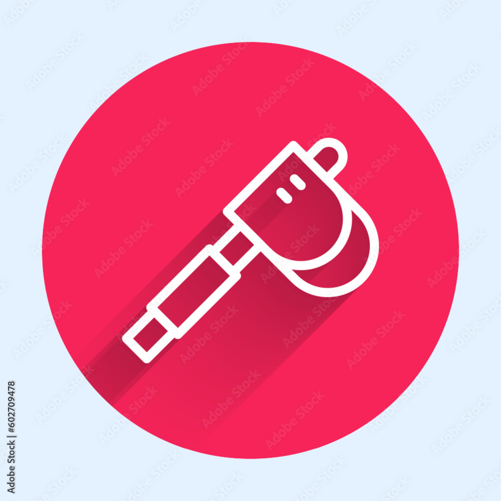 White line Wooden axe icon isolated with long shadow background. Lumberjack axe. Red circle button. Vector White line Wooden axe icon isolated with long shadow background. Lumberjack axe. Red circle button. Vector