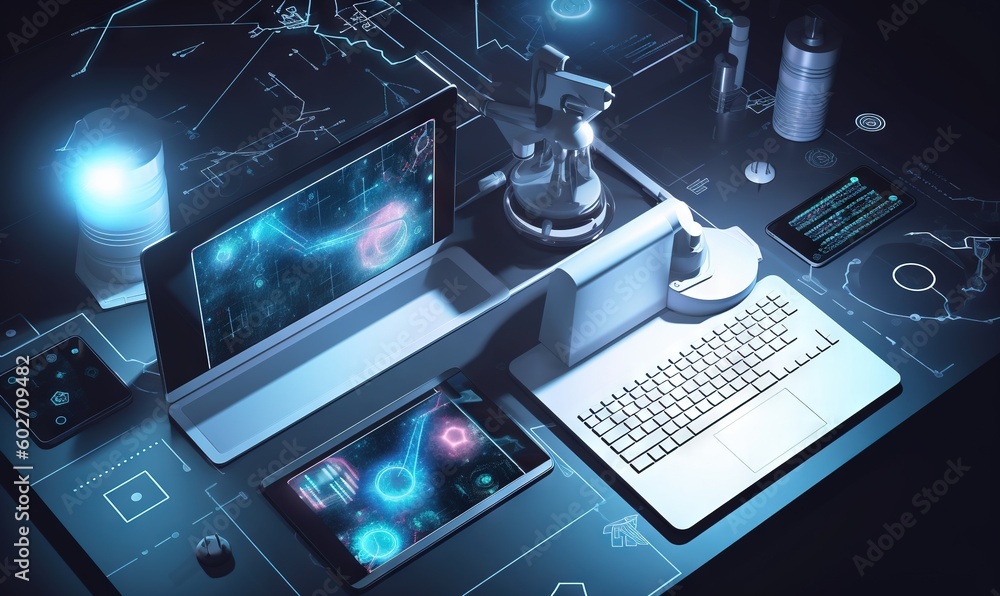 a table with a laptop, a monitor, a keyboard and a microscope. generative ai a table with a laptop, a monitor, a keyboard and a microscope. generative ai