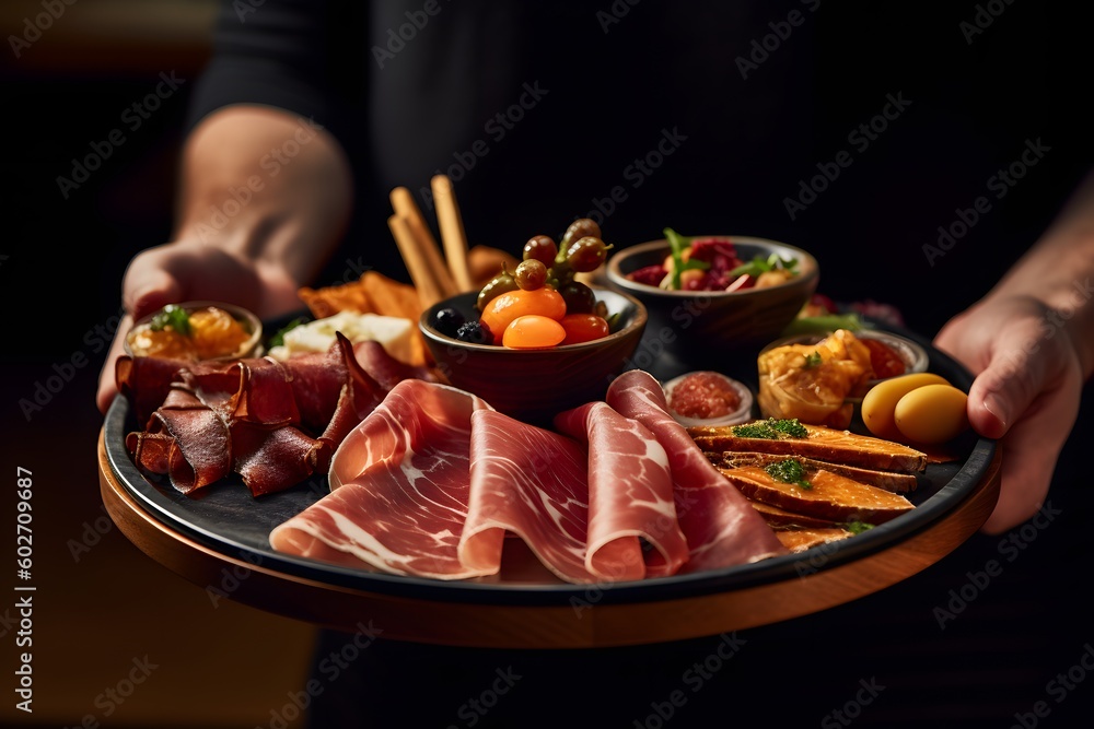 jamon platter luxury served in an expensive restaurant, ai tools generated image jamon platter luxury served in an expensive restaurant, ai tools generated image