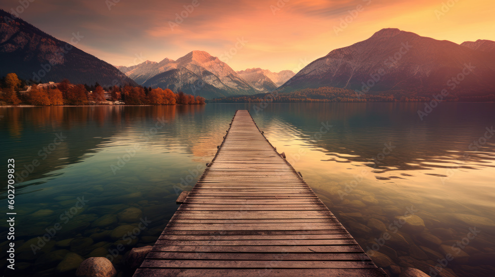 Fototapeta premium Alpine Serenity: Jetty Reflections in the Foothills. Generative AI