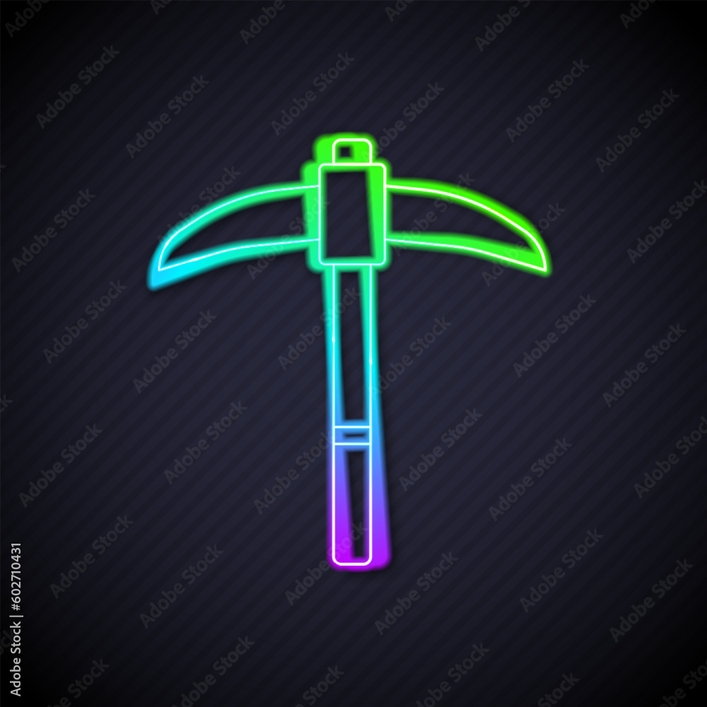Glowing neon line Pickaxe icon isolated on black background. Vector Glowing neon line Pickaxe icon isolated on black background. Vector