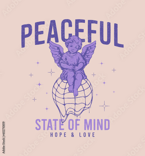 Antique angel and melting Earth globe design for slogan t-shirt. Graphics for t shirt with hand-drawn baby angel statue who sits on Earth globe that melts. Apparel print with grunge. Vector.