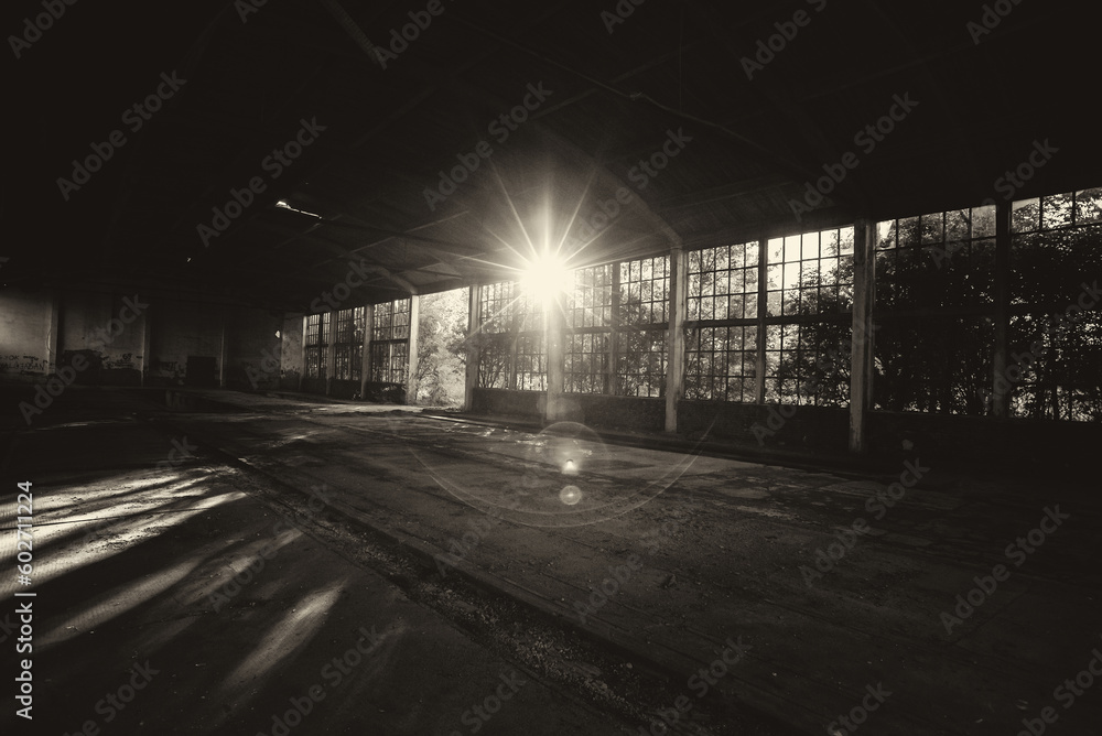 Abandoned building in sepia tones on a sunny summer day.	