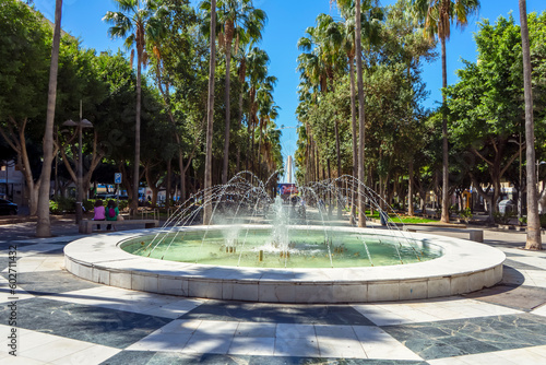 Peaceful fountain of Rambla street in Almeria, Spain on March 19, 2023
