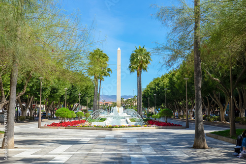 Peaceful fountain of Rambla street in Almeria, Spain on March 19, 2023 