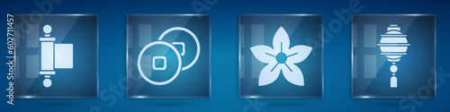 Set Decree, paper, parchment, scroll, Chinese Yuan currency, Lotus flower and Chinese paper lantern. Square glass panels. Vector