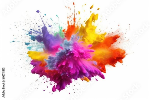 Colorful paint splashes and powder explosion on white background.  Generative AI 