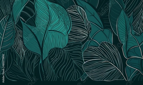  a green and blue background with leaves and plants on it.  generative ai