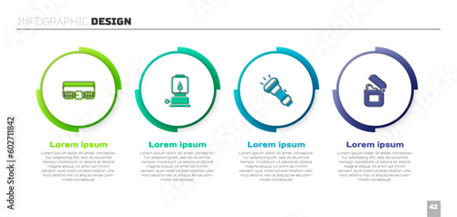 Set Hunting cartridge belt, Camping lantern, Flashlight and Lighter. Business infographic template. Vector