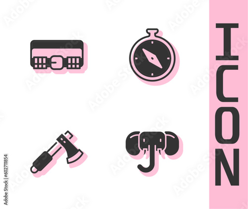 Set Elephant, Hunting cartridge belt, Wooden axe and Compass icon. Vector