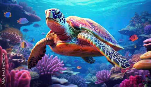 Green sea turtle swimming in the ocean. Created with Generative AI tools