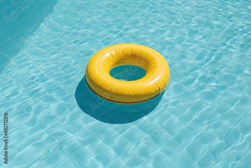 Yellow inflatable ring floating in swimming pool with blue water background. Created with Generative AI tools