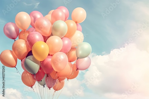 Colorful balloons flying in the blue sky. Created with Generative AI tools