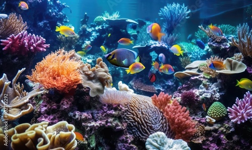 Underwater world with corals and tropical fish. Underwater world with corals and tropical fish. Created with Generative AI tools
