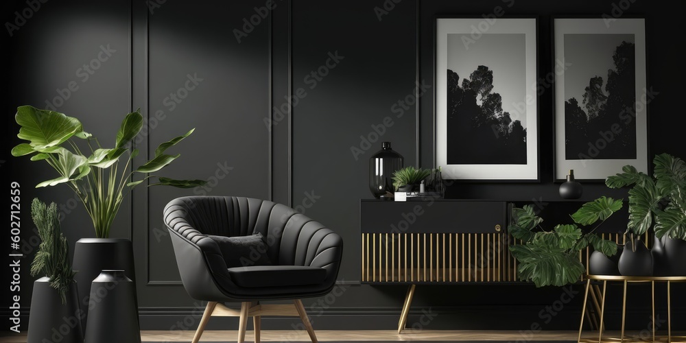 Dark living room interior with luxury gray sofa. distinct generative AI image. - obrazy, fototapety, plakaty 