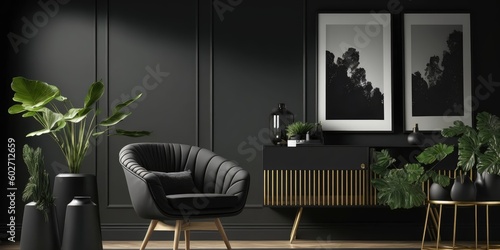 Fototapeta Dark living room interior with luxury gray sofa. distinct generative AI image.