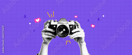 Vector collage banner. With the hands of the photographer who holds the banner. Social Media. Halftone style. Smm funnel to attract followers and likes on IG