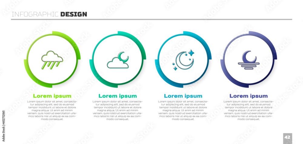 Set Cloud with rain, moon, Moon and stars and Sunset. Business infographic template. Vector - obrazy, fototapety, plakaty 