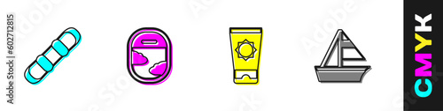 Set Snowboard, Airplane window, Sunscreen cream tube and Yacht sailboat icon. Vector