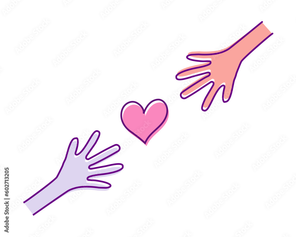 Two hands uniting with heart in the center. Vector drawing doodle icon illustration. Teamwork, partnership, charity, friendship and romance Two hands uniting with heart in the center. Vector drawing doodle icon illustration. Teamwork, partnership, charity, friendship and romance