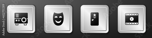 Set Media projector, Comedy theatrical mask, Backstage and Play Video icon. Silver square button. Vector