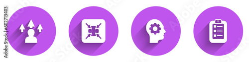 Set Front end development, Target, Human head with gear inside and To do list or planning icon with long shadow. Vector
