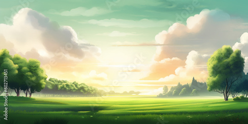 Illustration landscape green meadow, blue sky, clouds