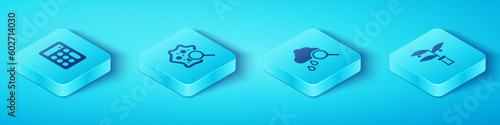 Set Isometric Calculator, Microorganisms under magnifier, Plant breeding and Cloud with rain icon. Vector