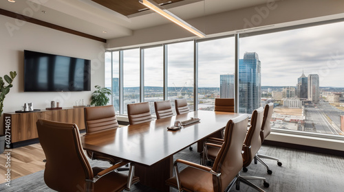 Business conference room, long table with chairs in company. Ia generate