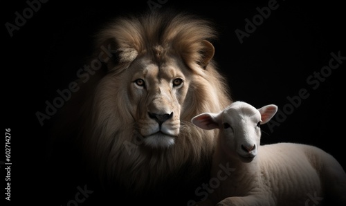  a lion and a lamb are photographed in the dark together. generative ai