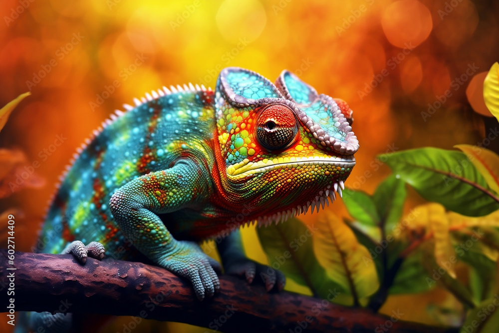 Colorful Chameleon: A vibrant photo of a chameleon displaying its ability to change colors, blending seamlessly with its surroundings.
