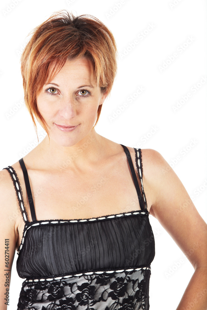 Beautiful adult caucasian woman with short streaked red hair in various poses, shot on a white background. Not Isolated, part of a series Beautiful adult caucasian woman with short streaked red hair in various poses, shot on a white background. Not Isolated, part of a series