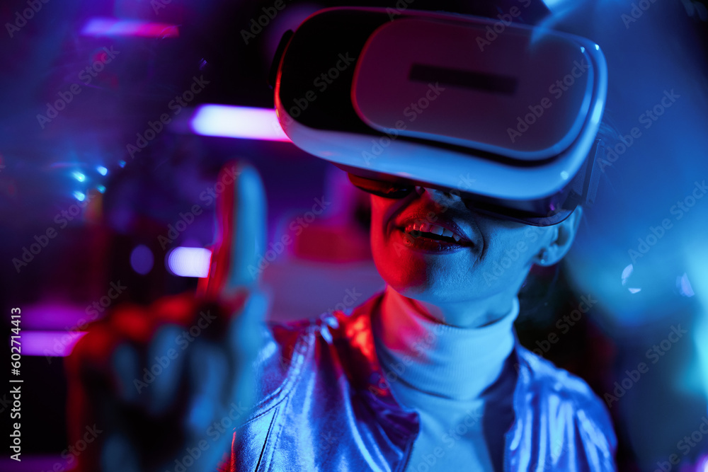 happy trendy woman in vr headset exploring metaverse happy trendy woman in vr headset exploring metaverse