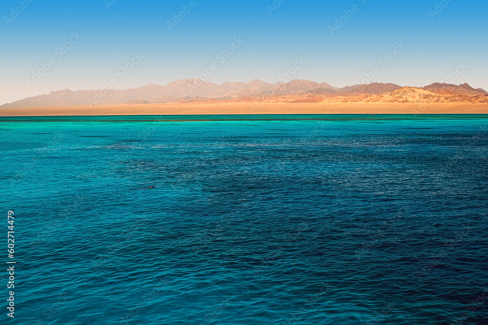Obraz premium Beautiful view of the golden mountain coast from the azure sea. Red Sea, Egypt