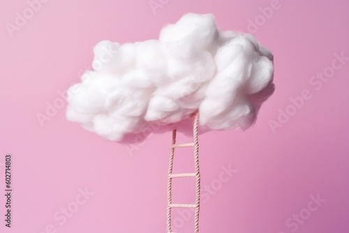 Print op canvas A white cotton cloud with a rope ladder going down on pink background Y2K style