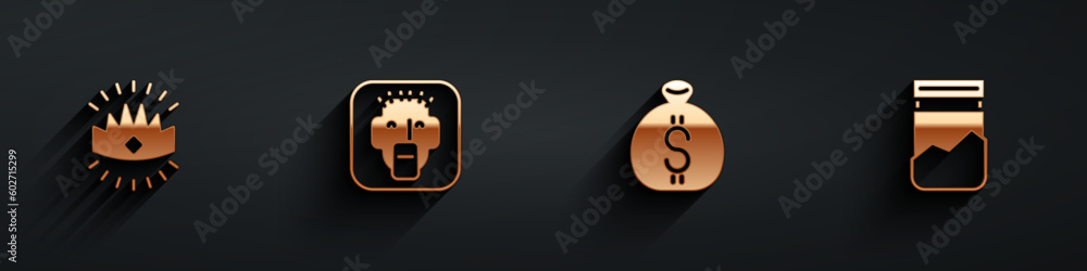 Set King crown, Rapper, Money bag and Plastic of drug icon with long shadow. Vector Set King crown, Rapper, Money bag and Plastic of drug icon with long shadow. Vector