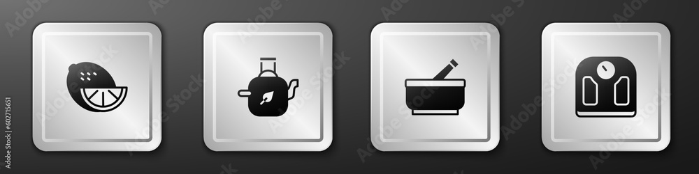 Set Lemon, Teapot with leaf, Mortar and pestle and Bathroom scales icon. Silver square button. Vector Set Lemon, Teapot with leaf, Mortar and pestle and Bathroom scales icon. Silver square button. Vector