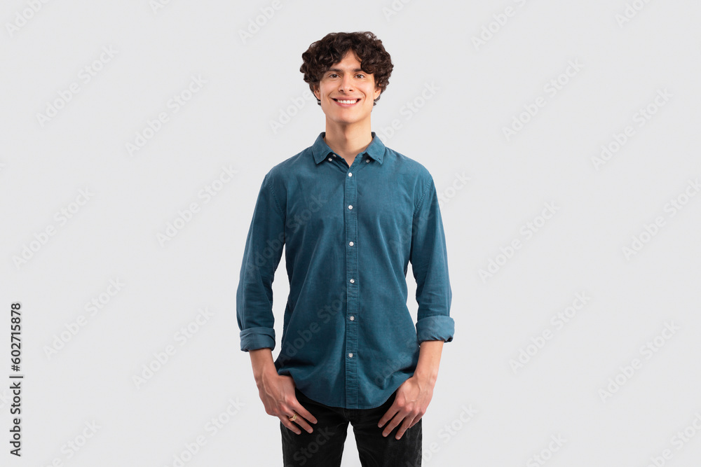 Cheerful Guy Expressing Happiness And Confidence Standing On Gray Background Cheerful Guy Expressing Happiness And Confidence Standing On Gray Background