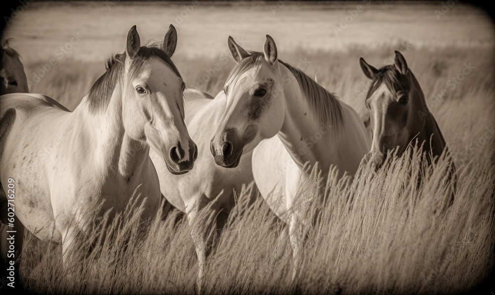 Obraz premium a group of horses standing in a field of tall grass. generative ai