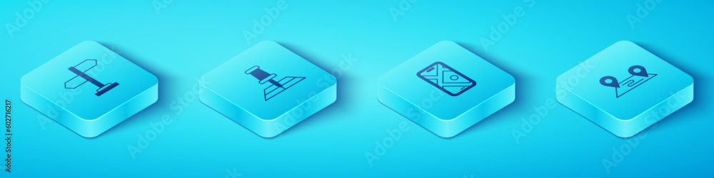 Set Isometric Road traffic sign, Folded map with location marker, Route and City navigation icon. Vector Set Isometric Road traffic sign, Folded map with location marker, Route and City navigation icon. Vector