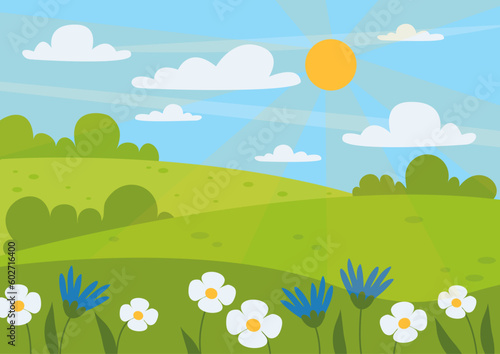 Summer landscape. Beautiful background. Meadow, glade, flowers, bushes, sky, sun and clouds. Vector graphic.