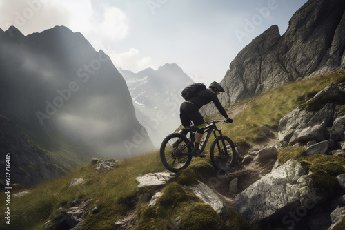 MTB bike ride on mountains trial. Active and adventure man on bike. Generative AI