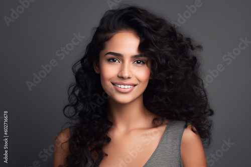 Portrait of a smiling latin woman isolated on a gray background. AI