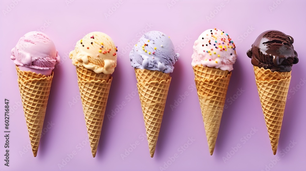 Various of ice cream cones on colorful background Various of ice cream cones on colorful background