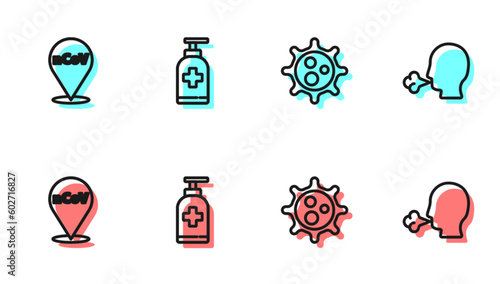 Set line Virus, Corona virus 2019-nCoV on location, Bottle of liquid antibacterial soap and Man coughing icon. Vector