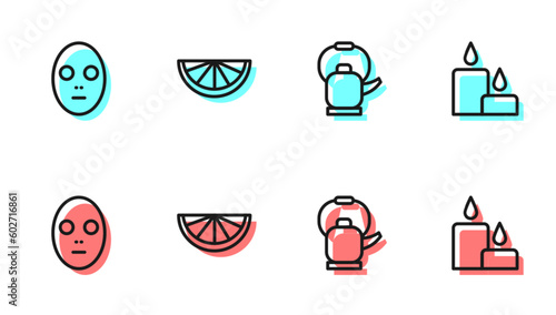 Set line Kettle with handle, Facial cosmetic mask, Citrus fruit and Burning candle icon. Vector