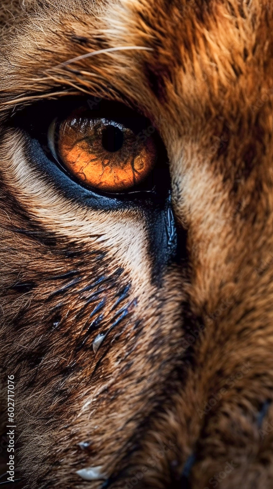 Naklejka premium Beautiful eye portrait of a majestic lion, Generative AI
