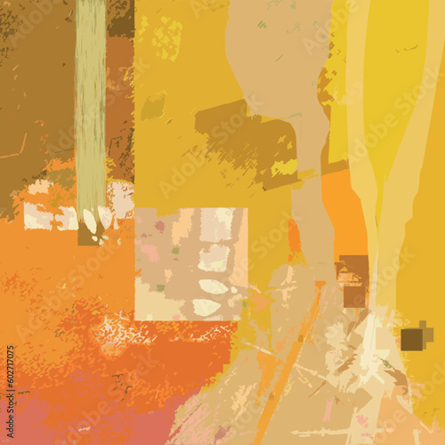 Vecteur à partir d'une Illustration numérique abstraite, motif paysage vue du ciel, carrés et lignes, oeuvre d'art moderne, couleurs jaune vert doré, automne